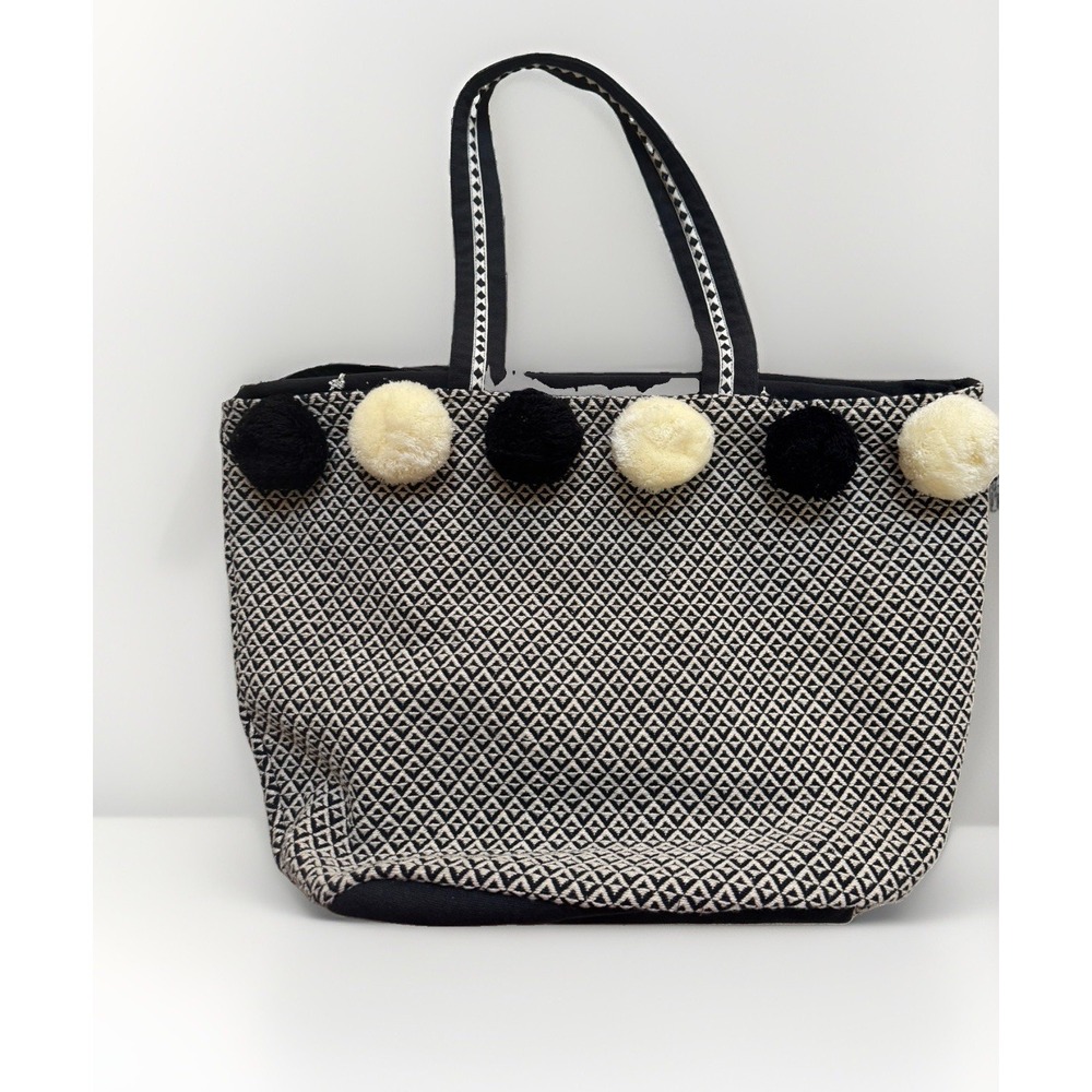 Buckhead Bettie's Large Woven Tote With Pom Poms Black And White